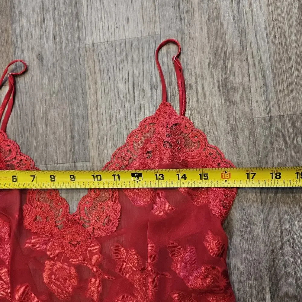 Vtg Fredrick's of Hollywood Red Floral Lace Slip Dress Womens M Lingerie 90s